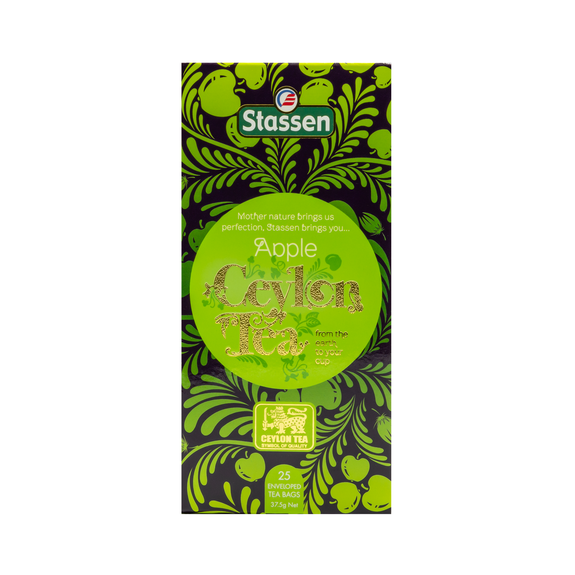 Widok z góry na opakowanie herbaty Stassen Apple Tea z ozdobnym motywem jabłek.