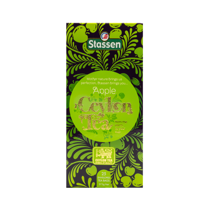 Widok z góry na opakowanie herbaty Stassen Apple Tea z ozdobnym motywem jabłek.
