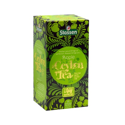 Saszetka i torebka herbaty czarnej Stassen Apple Tea obok siebie.