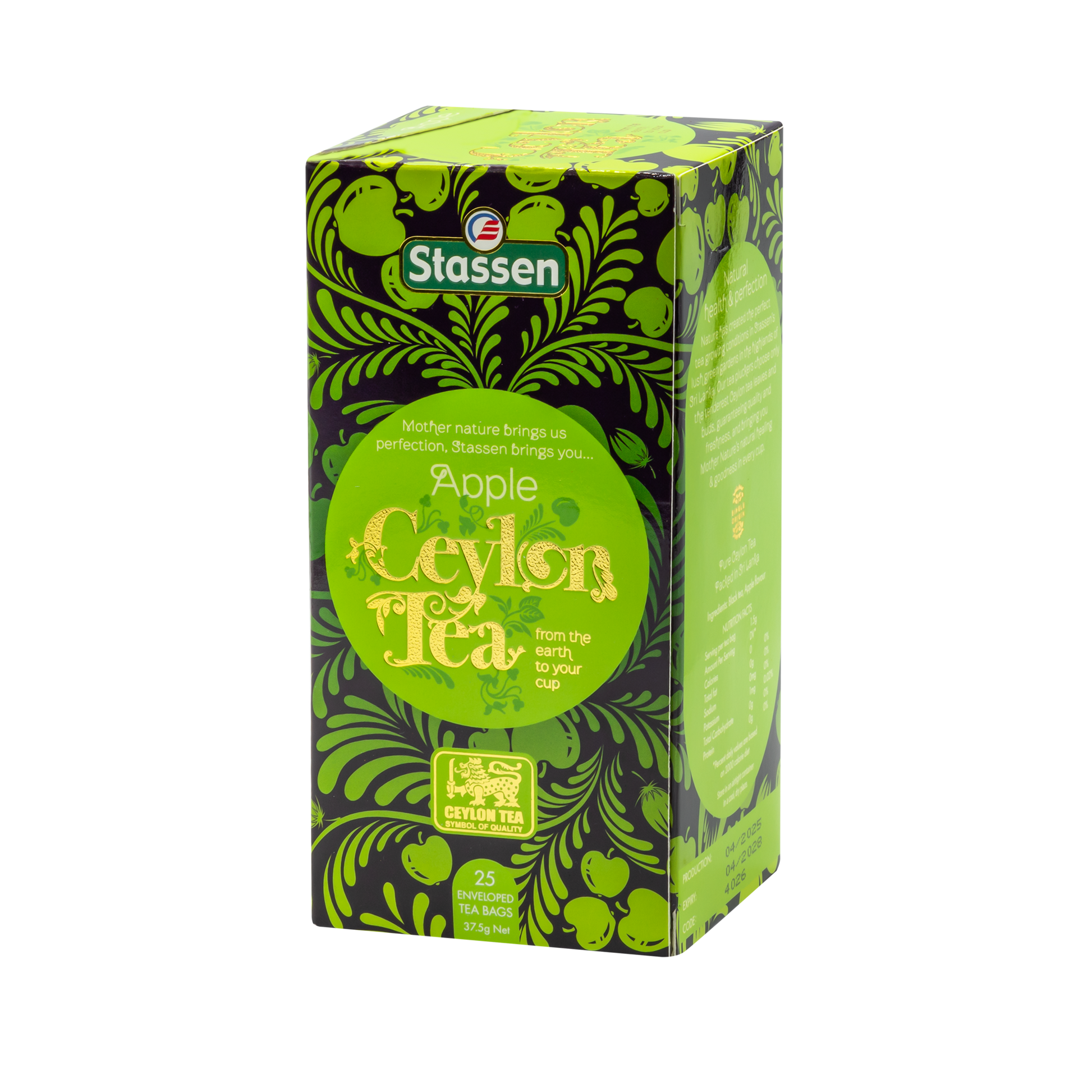 Front opakowania herbaty Stassen Apple Ceylon Tea w zielonym pudełku.