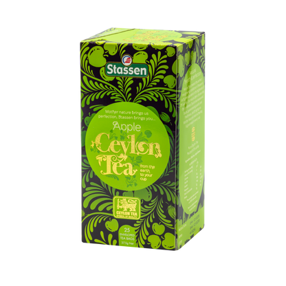 Front opakowania herbaty Stassen Apple Ceylon Tea w zielonym pudełku.