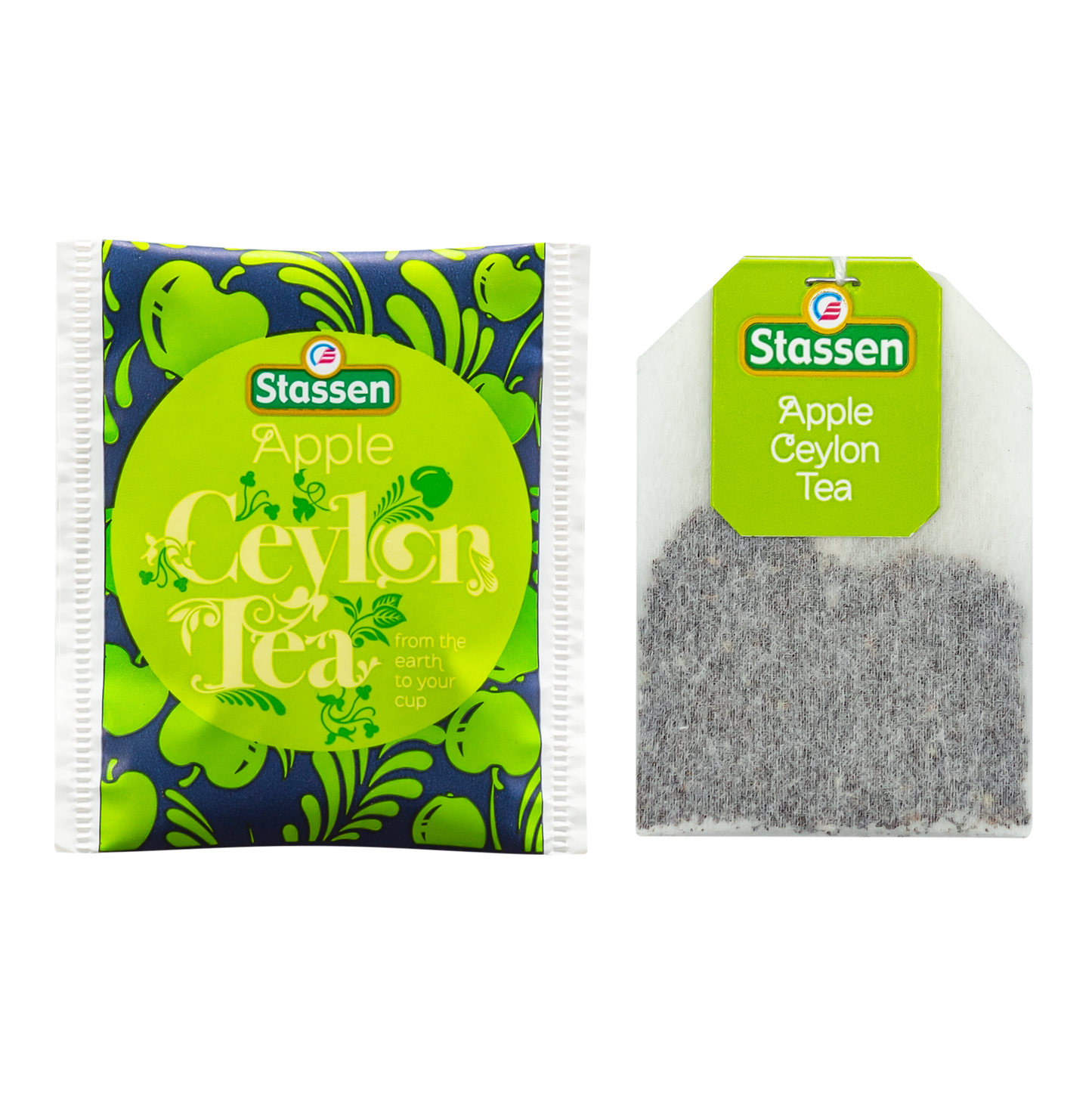 Opakowanie herbaty Stassen Apple Tea w zielono-czarnym designie z motywami roślinnymi.