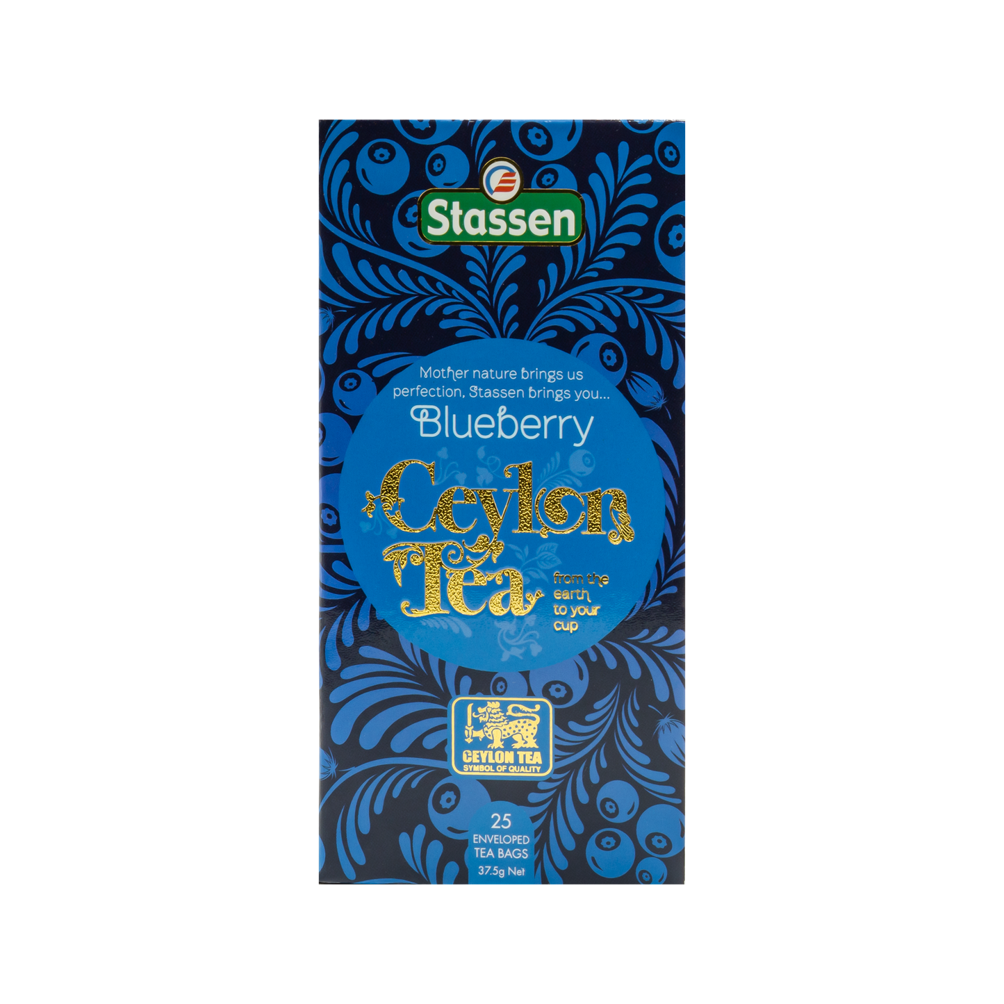 Front opakowania herbaty Stassen Blueberry Ceylon Tea z motywem borówek.
