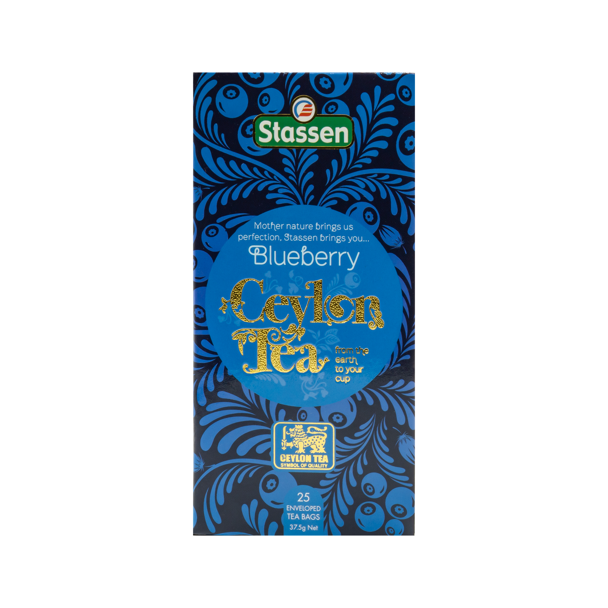 Front opakowania herbaty Stassen Blueberry Ceylon Tea z motywem borówek.
