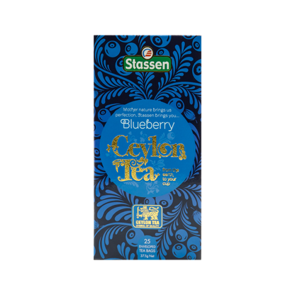 Front opakowania herbaty Stassen Blueberry Ceylon Tea z motywem borówek.