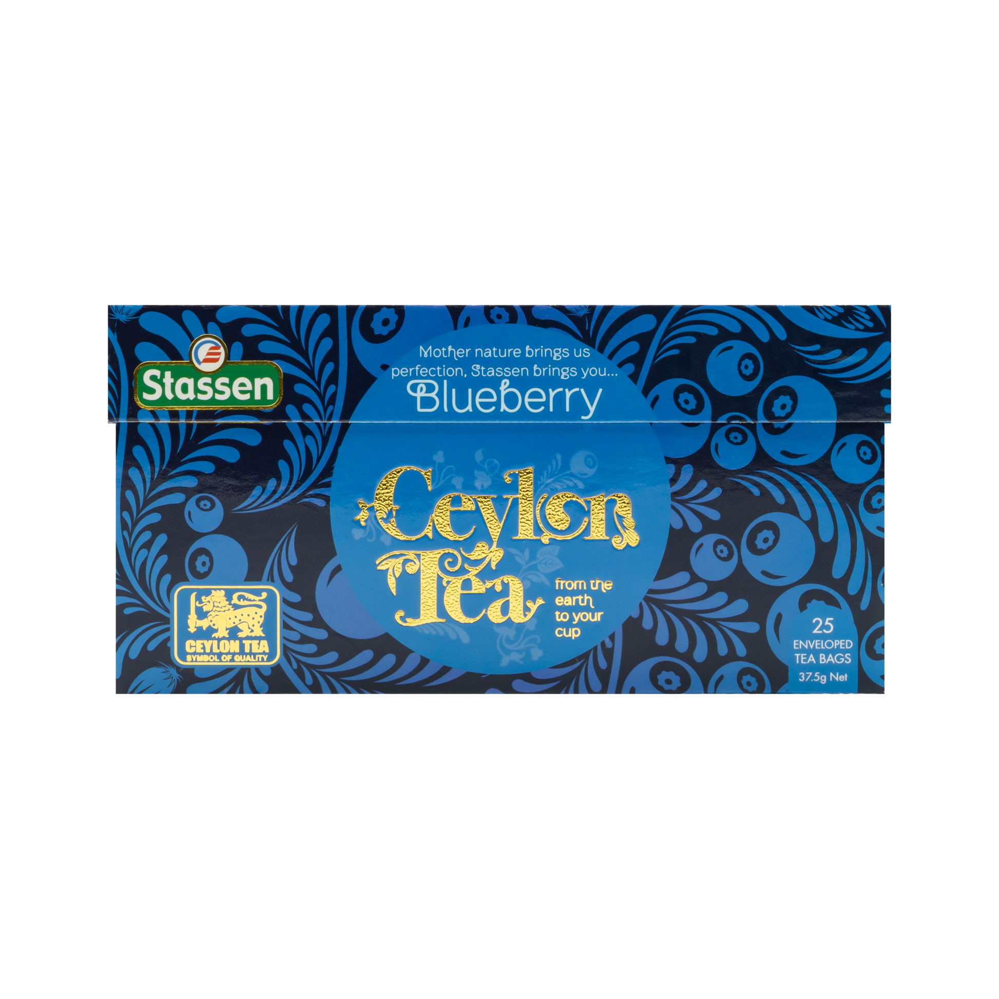 Widok z góry na pudełko herbaty Stassen Blueberry Tea w granatowej tonacji.