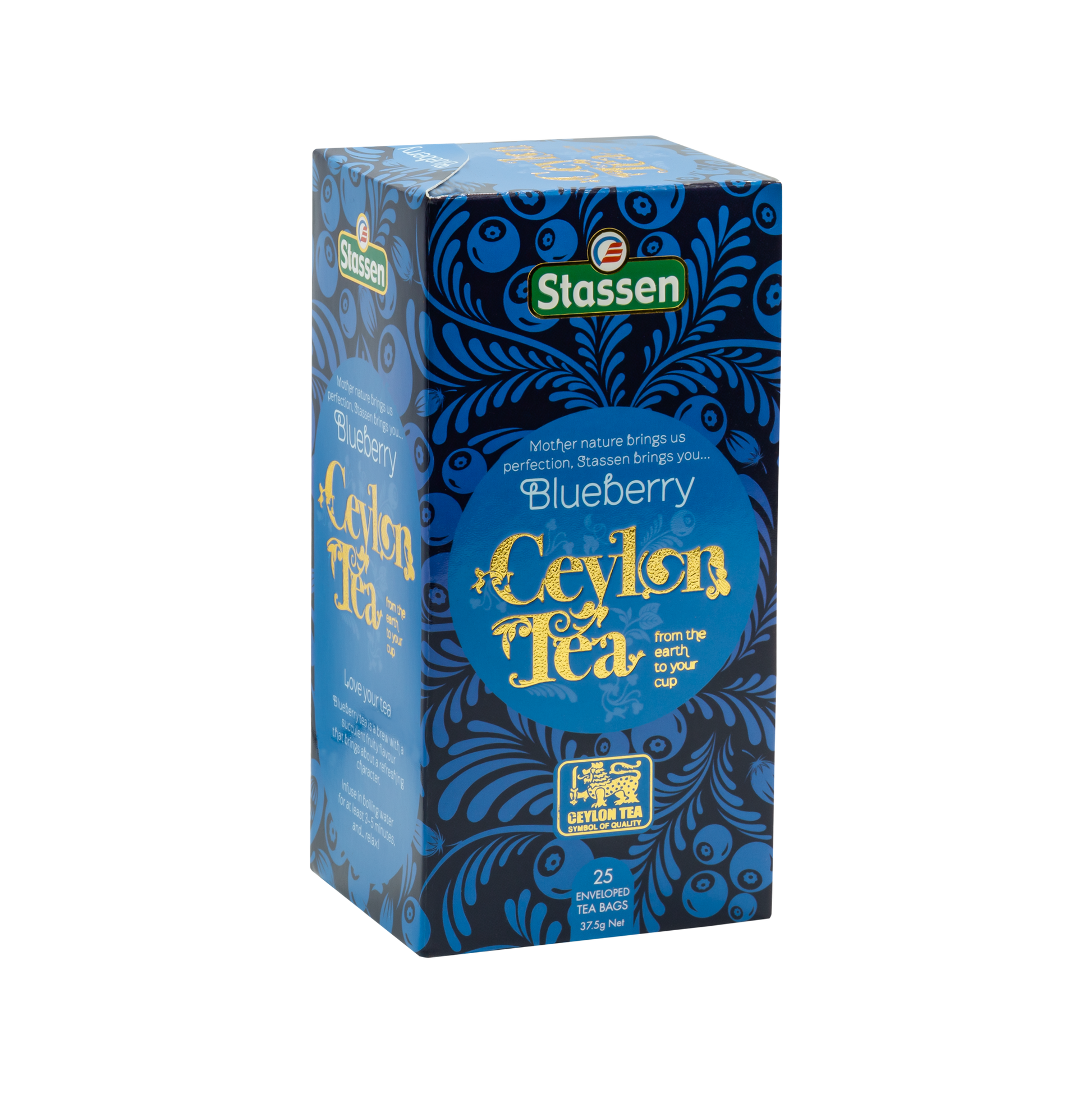 Pudełko herbaty Stassen Blueberry Ceylon Tea w niebieskim opakowaniu.