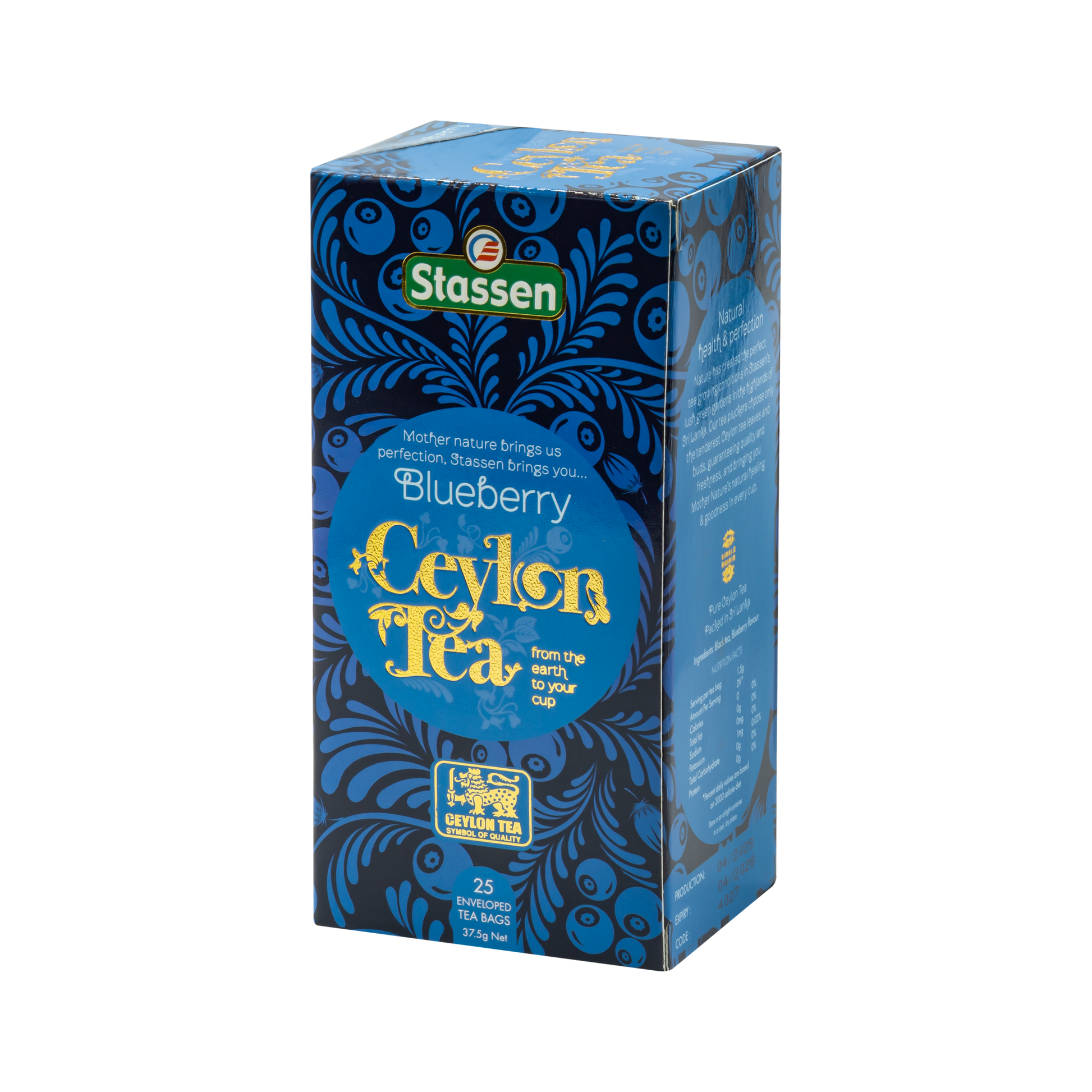 Opakowanie herbaty Stassen Blueberry Ceylon Tea w perspektywie z widocznym logo marki.