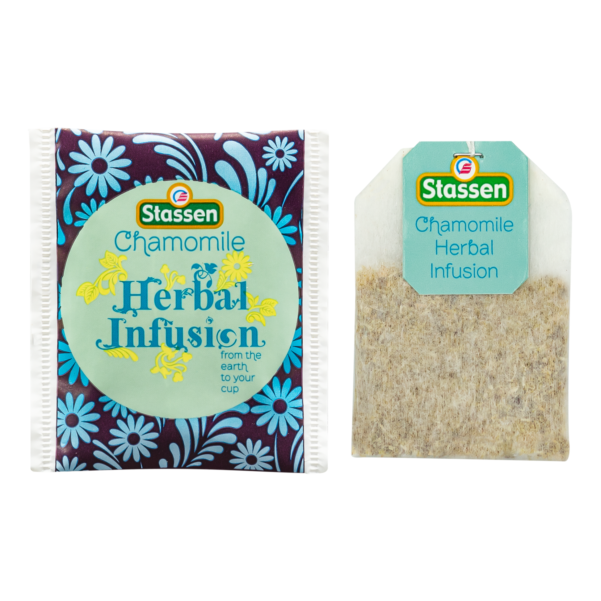 Saszetka i torebka herbaty Stassen Chamomile Herbal Infusion obok siebie.