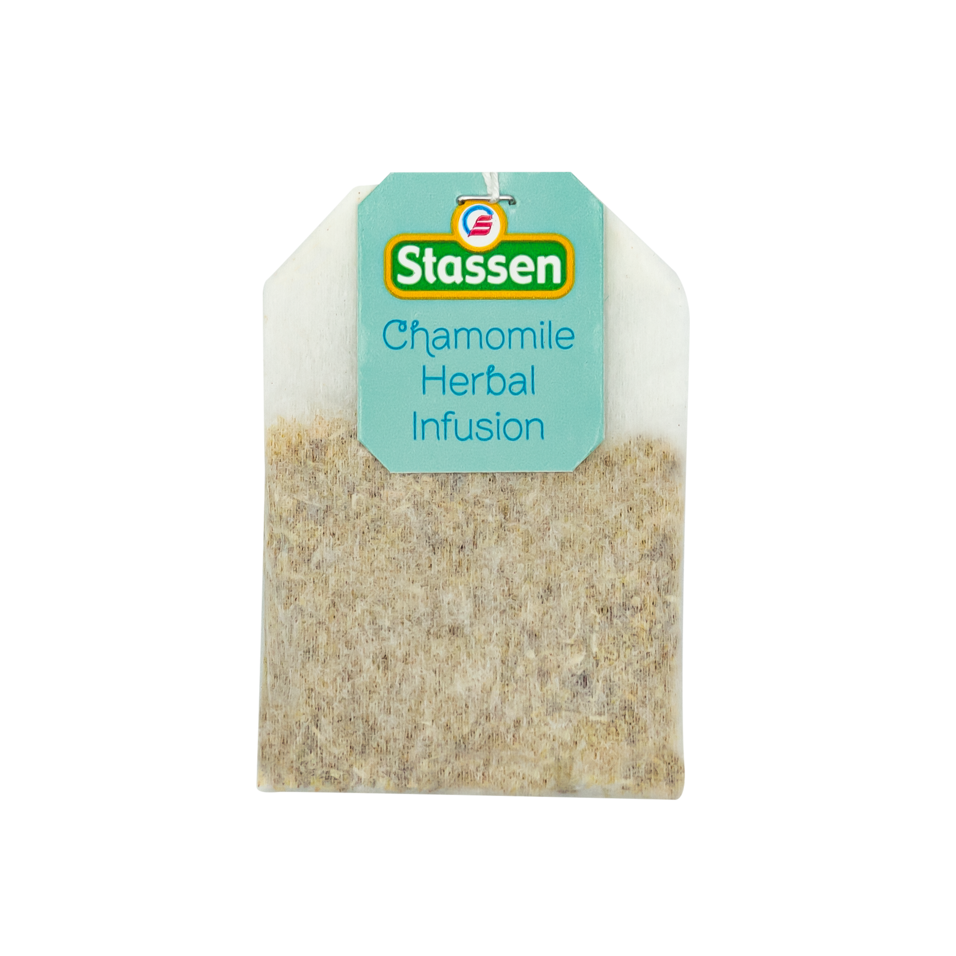 Torebka herbaty ziołowej Stassen Chamomile Herbal Infusion w błękitnej etykiecie.