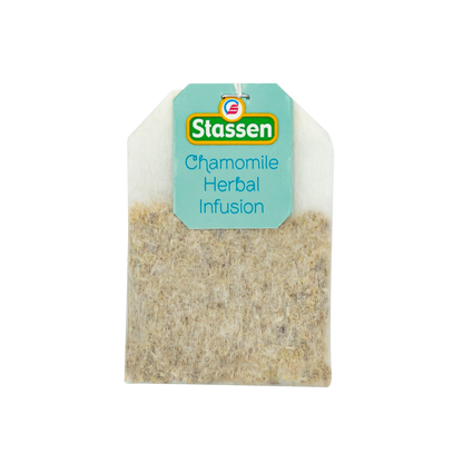 Torebka herbaty ziołowej Stassen Chamomile Herbal Infusion w błękitnej etykiecie.