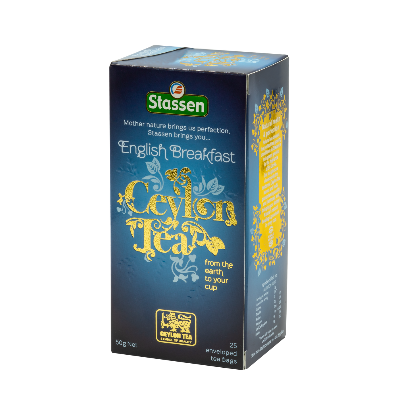 Boczny widok opakowania herbaty Stassen English Breakfast – informacje o produkcie.