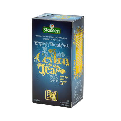 Boczny widok opakowania herbaty Stassen English Breakfast – informacje o produkcie.