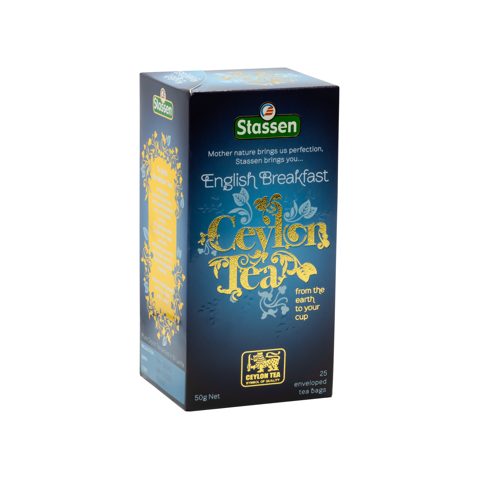 Drugi bok opakowania herbaty Stassen English Breakfast – cejlońska czarna herbata w kopertach.