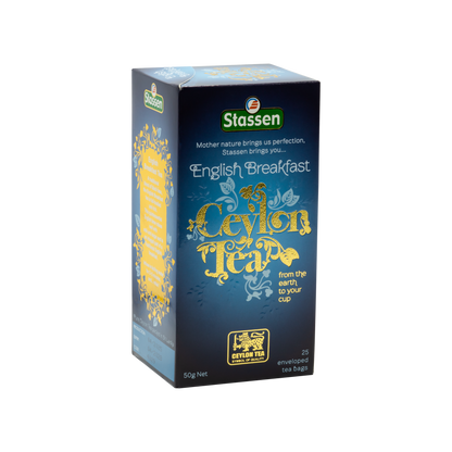 Drugi bok opakowania herbaty Stassen English Breakfast – cejlońska czarna herbata w kopertach.