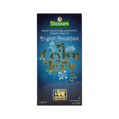Pionowe pudełko herbaty English Breakfast Stassen – elegancka czarna herbata.