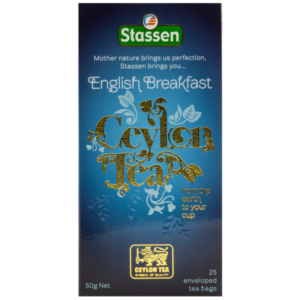 Pionowe pudełko herbaty English Breakfast Stassen – elegancka czarna herbata.