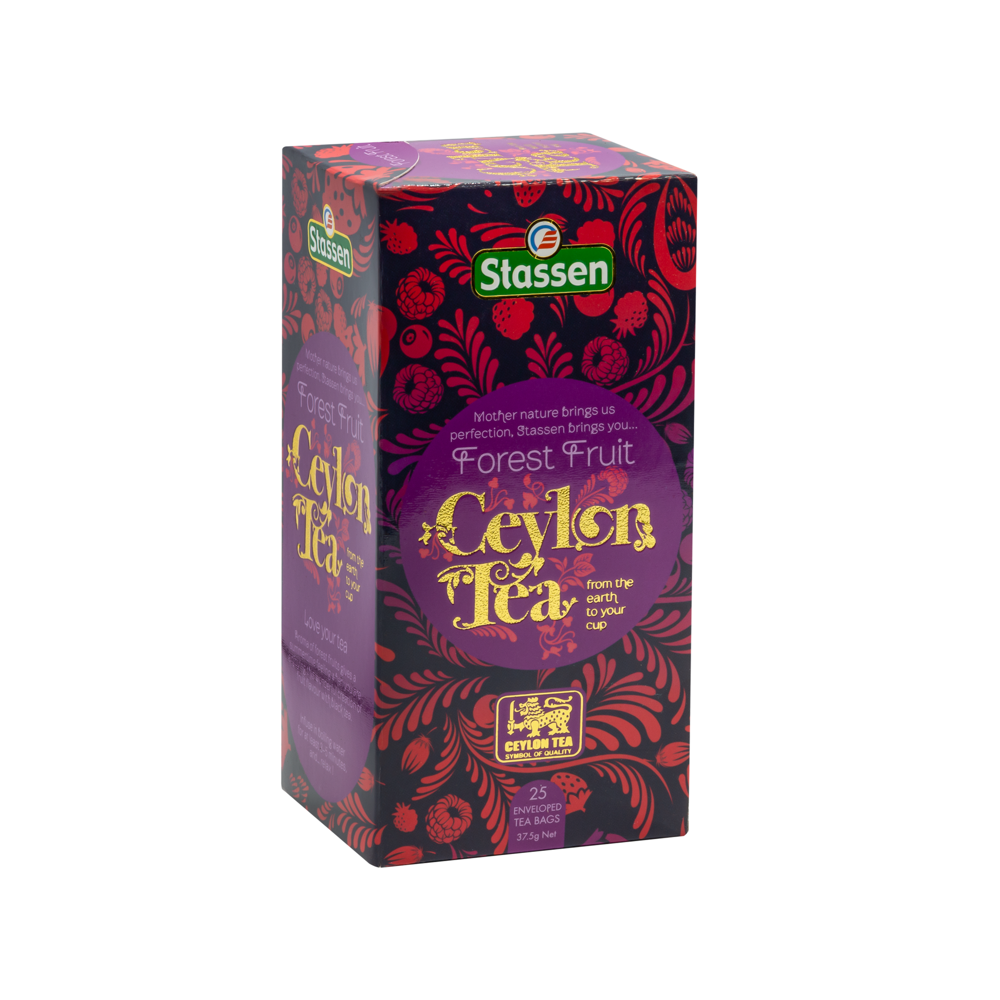 Prawy bok pudełka herbaty Forest Fruit Stassen – aromatyczna czarna herbata cejlońska w kopertach.