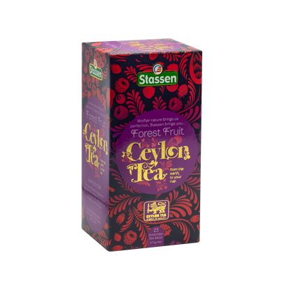 Prawy bok pudełka herbaty Forest Fruit Stassen – aromatyczna czarna herbata cejlońska w kopertach.