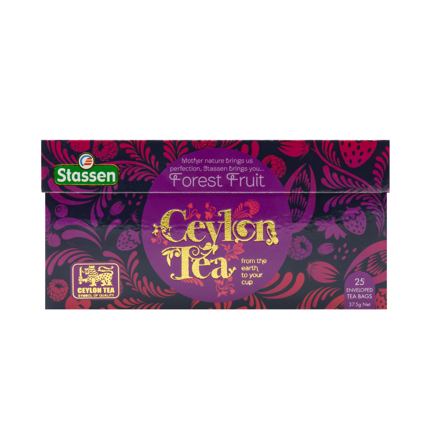 Opakowanie herbaty Forest Fruit Stassen – czarna herbata cejlońska z dodatkiem aromatu owoców leśnych.