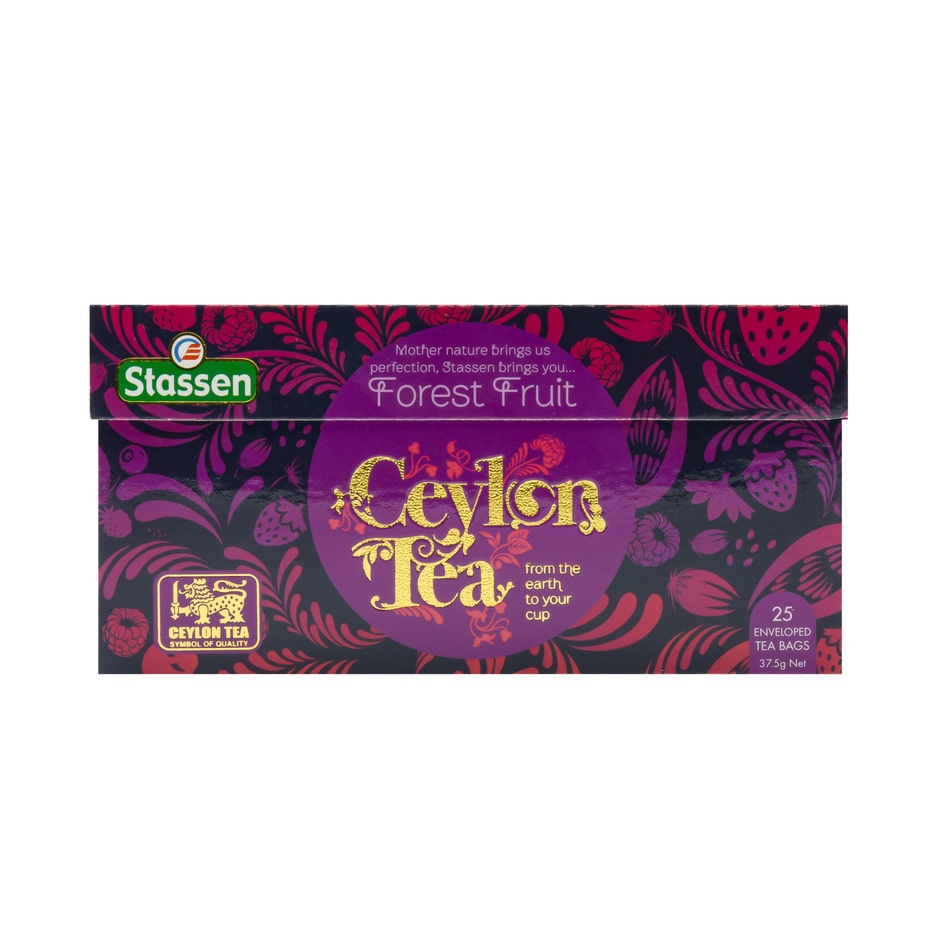 Opakowanie herbaty Forest Fruit Stassen – czarna herbata cejlońska z dodatkiem aromatu owoców leśnych.