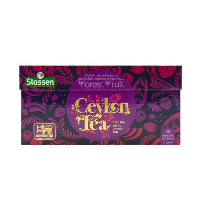 Opakowanie herbaty Forest Fruit Stassen – czarna herbata cejlońska z dodatkiem aromatu owoców leśnych.