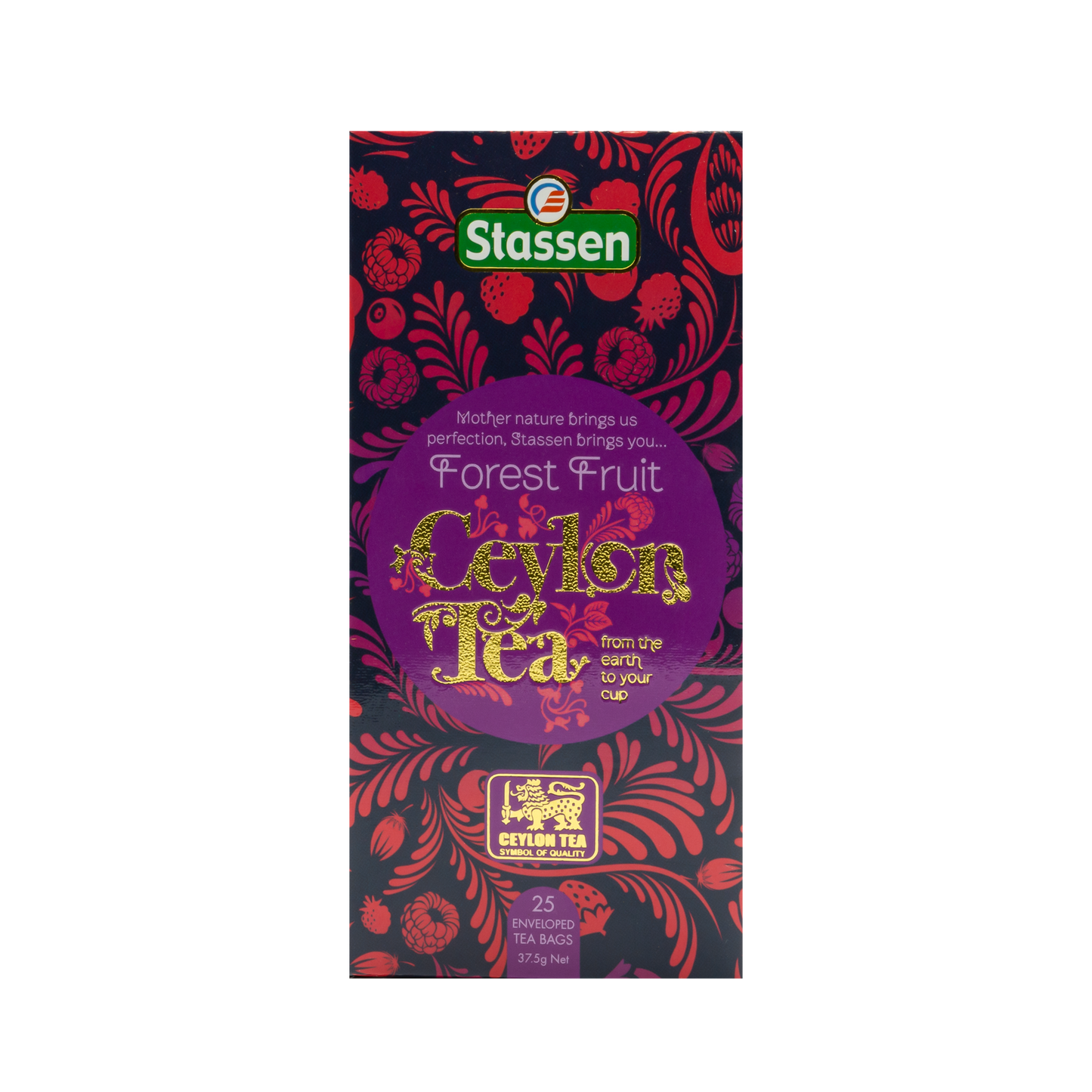 Pionowe pudełko herbaty Stassen Forest Fruit – eleganckie opakowanie z motywem owoców leśnych.