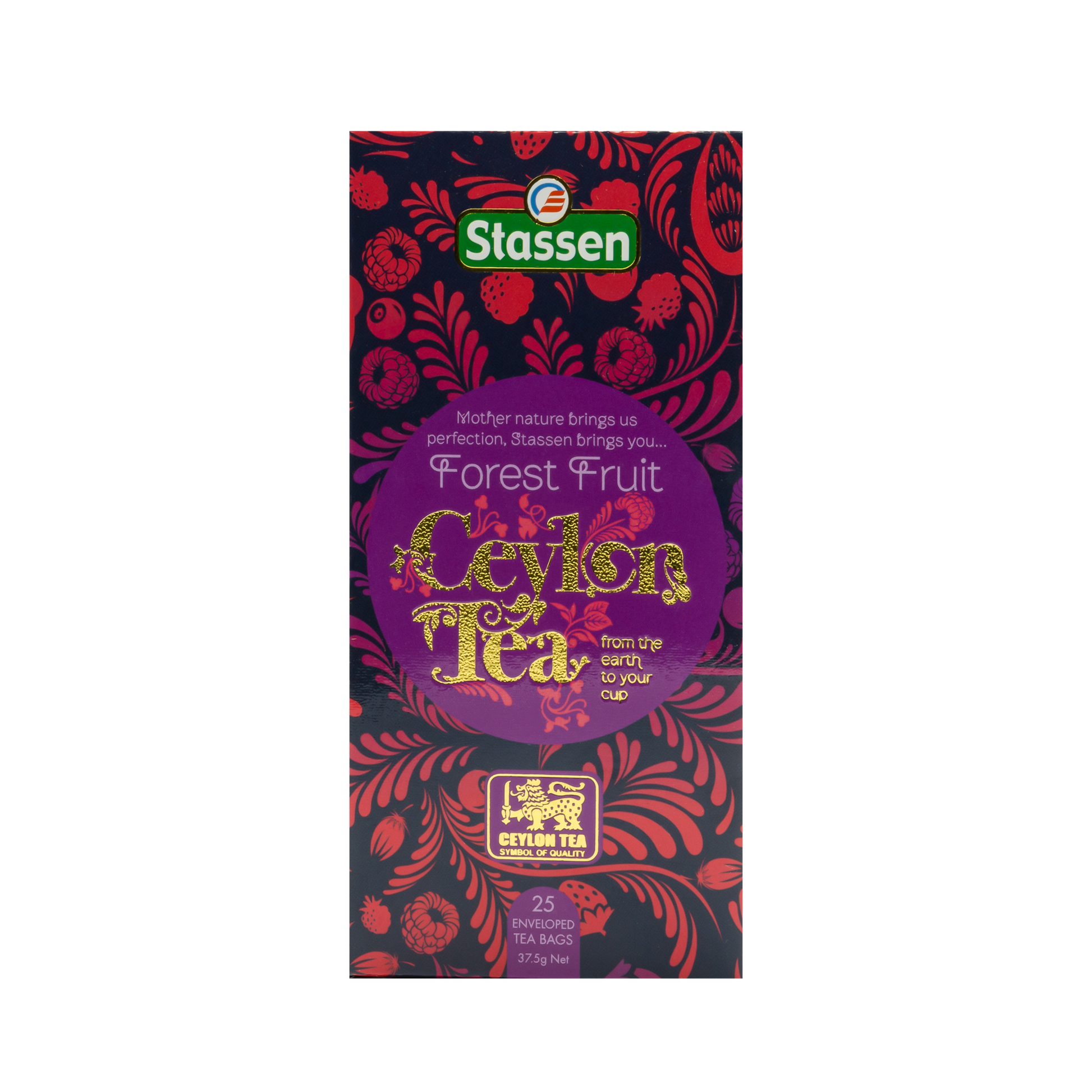 Pionowe pudełko herbaty Stassen Forest Fruit – eleganckie opakowanie z motywem owoców leśnych.