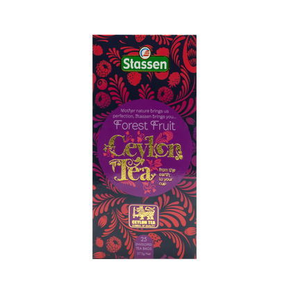 Pionowe pudełko herbaty Stassen Forest Fruit – eleganckie opakowanie z motywem owoców leśnych.