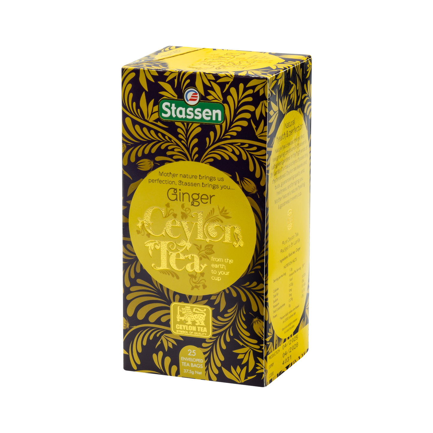 Lewy bok opakowania herbaty Ginger Tea Stassen – informacje o składzie herbaty z imbirem.