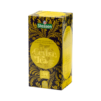 Lewy bok opakowania herbaty Ginger Tea Stassen – informacje o składzie herbaty z imbirem.