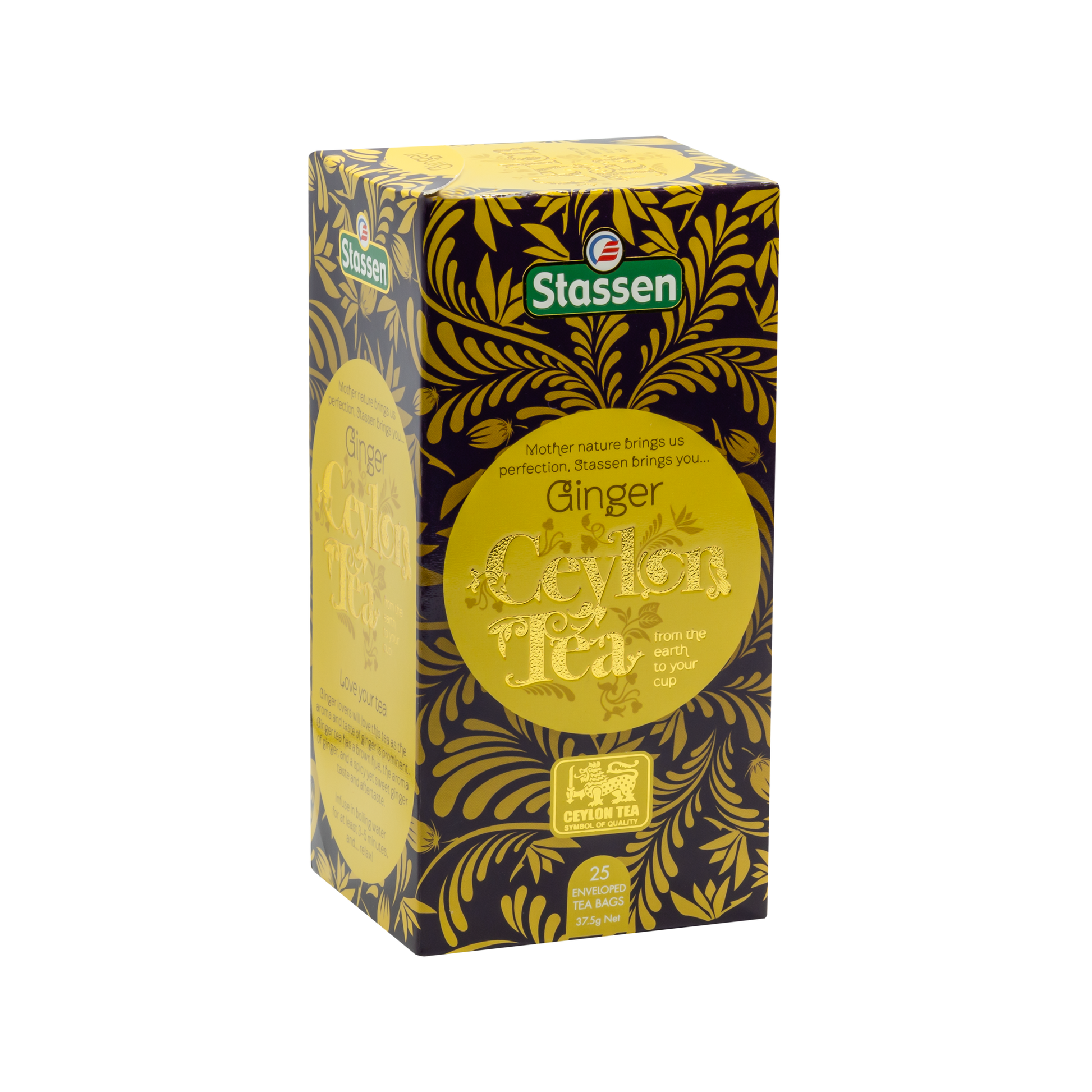 Prawy bok pudełka herbaty Stassen Ginger Tea – aromatyczna czarna herbata cejlońska z imbirem.