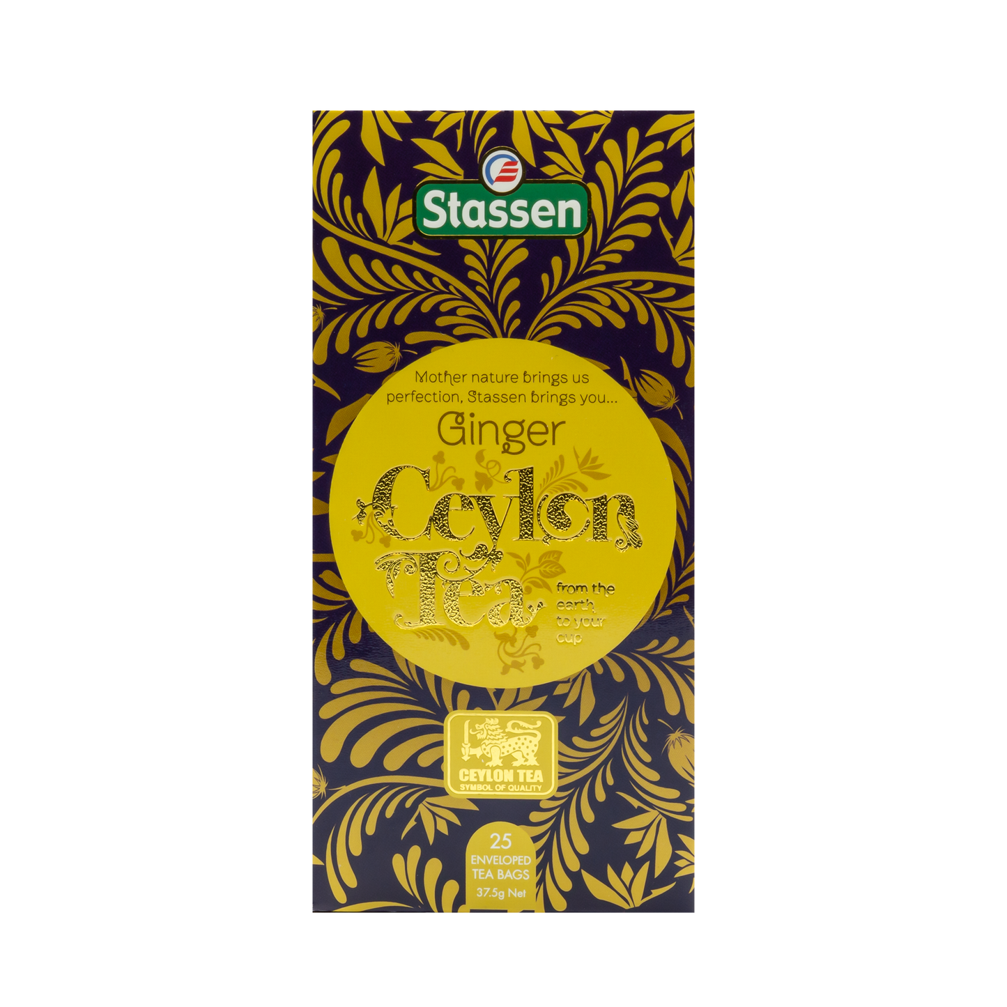 Pionowe pudełko herbaty Stassen Ginger Tea – eleganckie żółto-złote opakowanie.