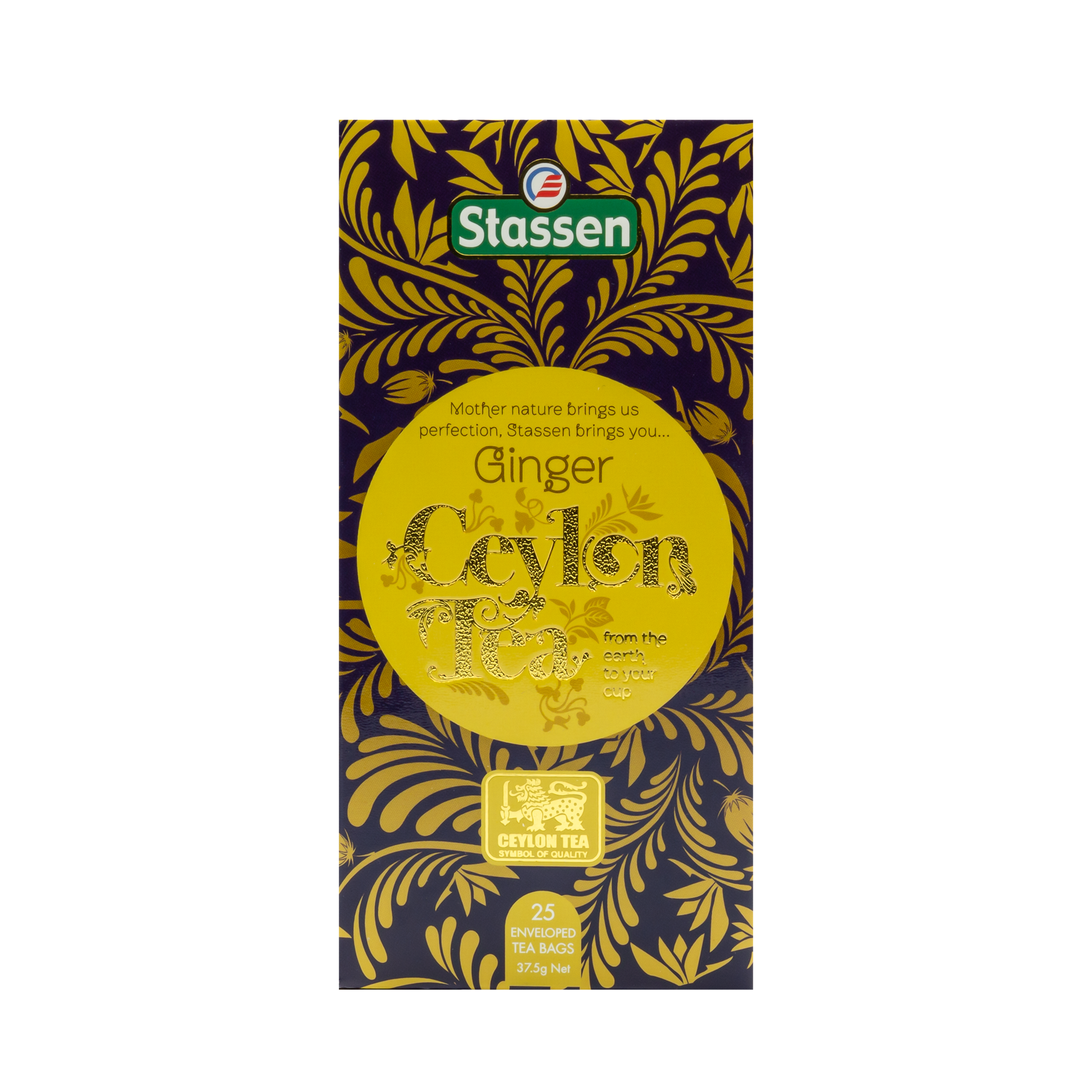 Pionowe pudełko herbaty Stassen Ginger Tea – eleganckie żółto-złote opakowanie.