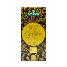 Pionowe pudełko herbaty Stassen Ginger Tea – eleganckie żółto-złote opakowanie.