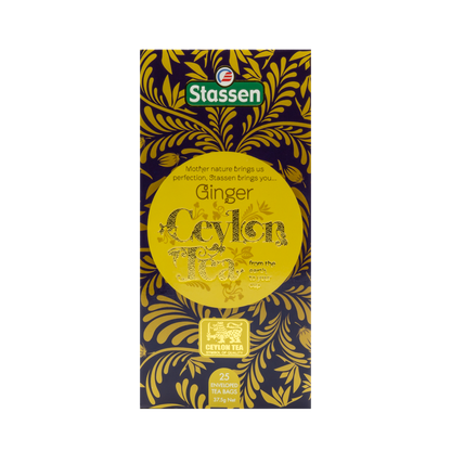 Pionowe pudełko herbaty Stassen Ginger Tea – eleganckie żółto-złote opakowanie.