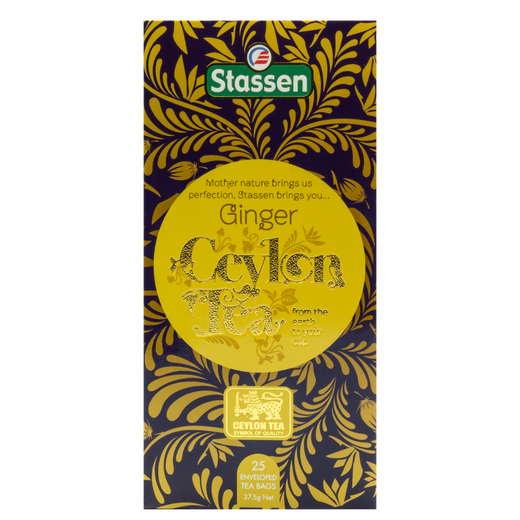 Pionowe pudełko herbaty Stassen Ginger Tea – eleganckie żółto-złote opakowanie.