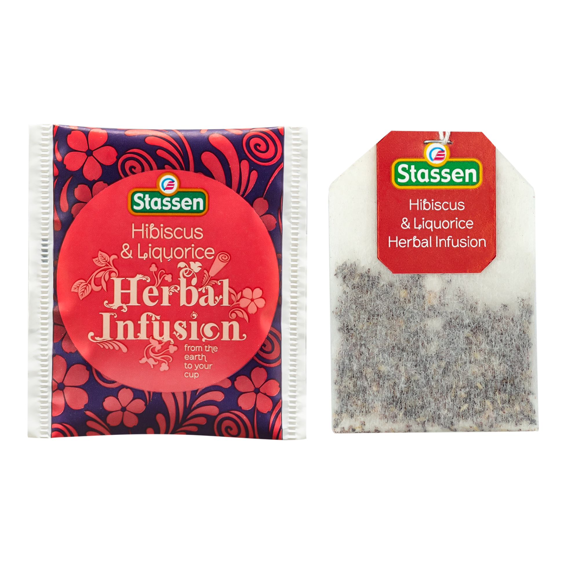Koperta i torebka herbaty Hibiscus & Liquorice Stassen – ziołowa herbata bez kofeiny.