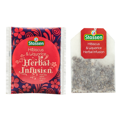 Koperta i torebka herbaty Hibiscus & Liquorice Stassen – ziołowa herbata bez kofeiny.