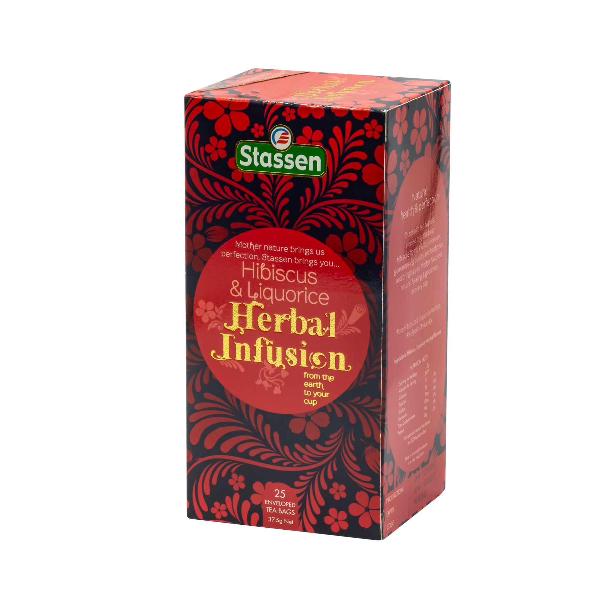 Lewy bok opakowania herbaty Hibiscus & Liquorice Stassen – informacje o naparze z hibiskusa.