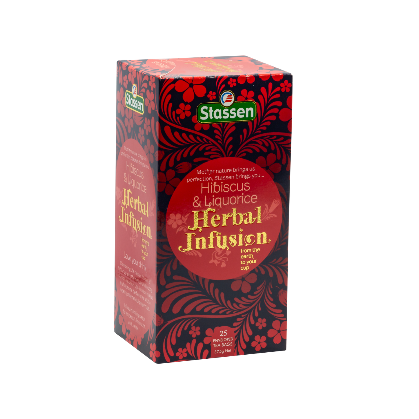 Prawy bok pudełka herbaty Hibiscus & Liquorice Stassen – ziołowa mieszanka Stassen z hibiskusem i lukrecją.