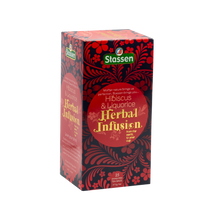 Prawy bok pudełka herbaty Hibiscus & Liquorice Stassen – ziołowa mieszanka Stassen z hibiskusem i lukrecją.