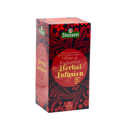 Prawy bok pudełka herbaty Hibiscus & Liquorice Stassen – ziołowa mieszanka Stassen z hibiskusem i lukrecją.