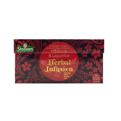 Opakowanie herbaty Hibiscus & Liquorice Stassen – aromatyczna herbata z hibiskusem i lukrecją.
