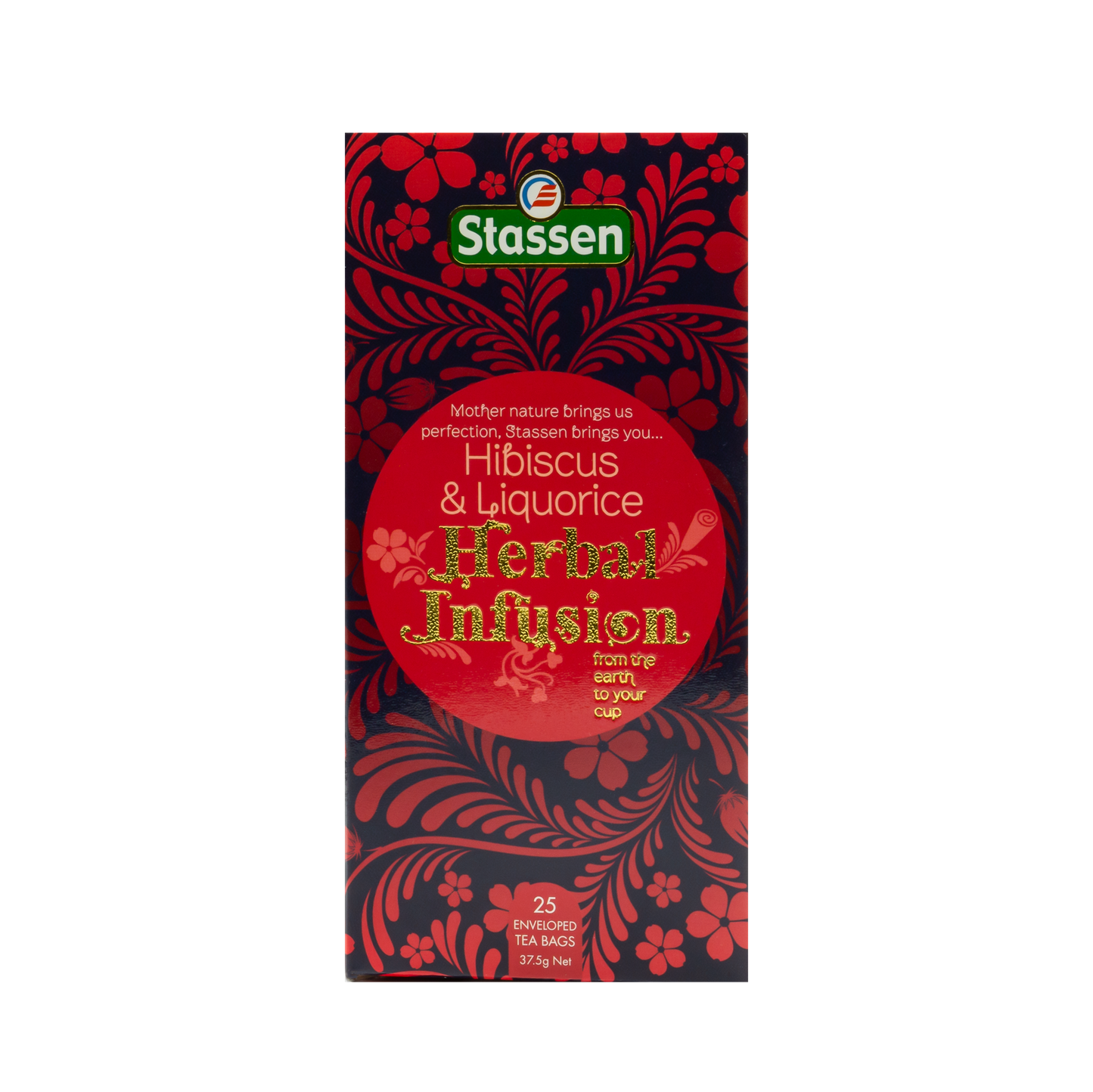 Pionowe pudełko herbaty Stassen Hibiscus & Liquorice – czerwone opakowanie z motywem kwiatowym.