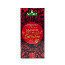 Pionowe pudełko herbaty Stassen Hibiscus & Liquorice – czerwone opakowanie z motywem kwiatowym.