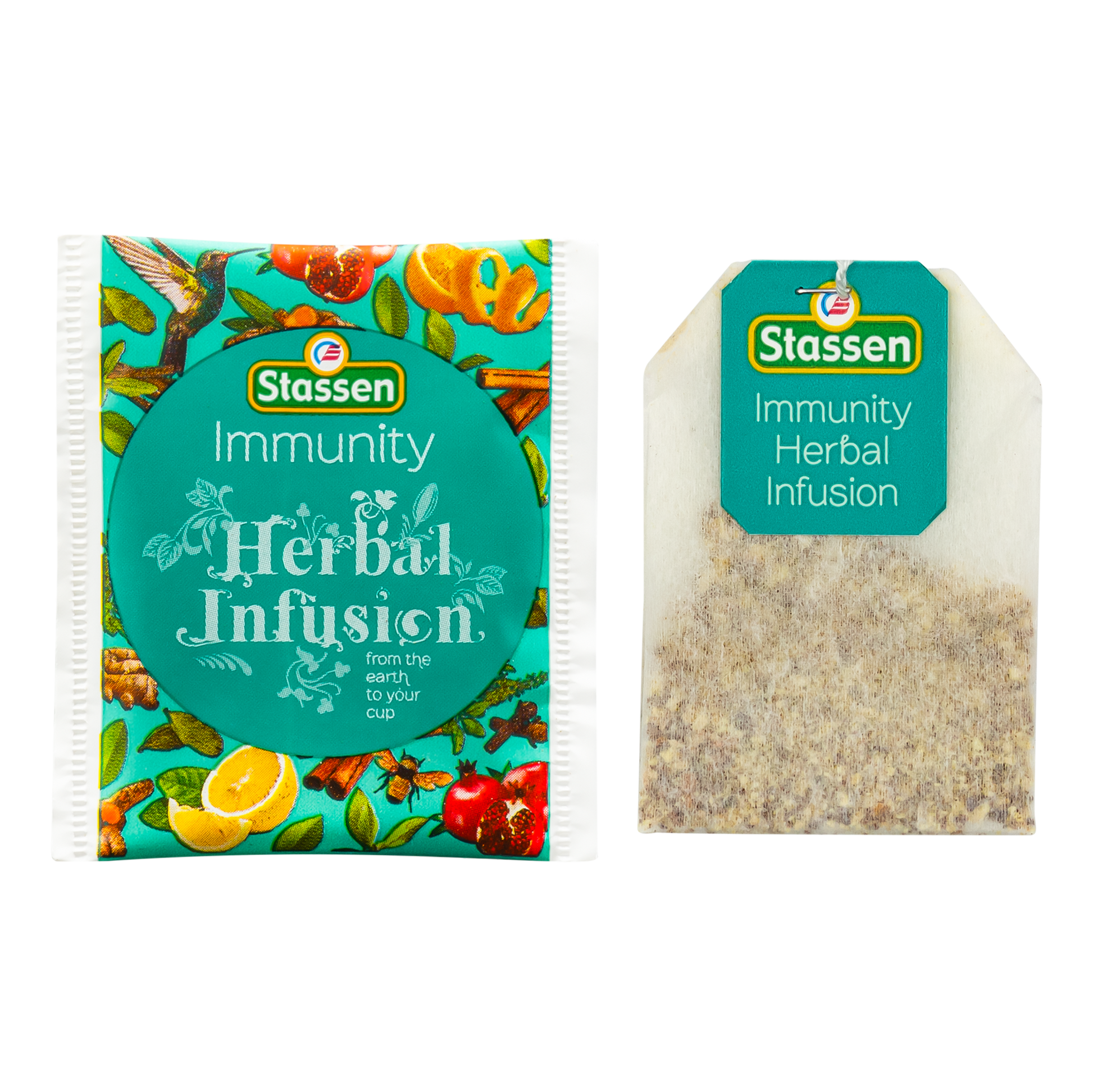 Koperta i torebka herbaty Immunity Stassen – aromatyczny napar z ziół i owoców.