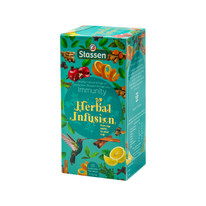 Lewy bok opakowania herbaty Immunity Stassen – skład i informacje o naparze ziołowym.