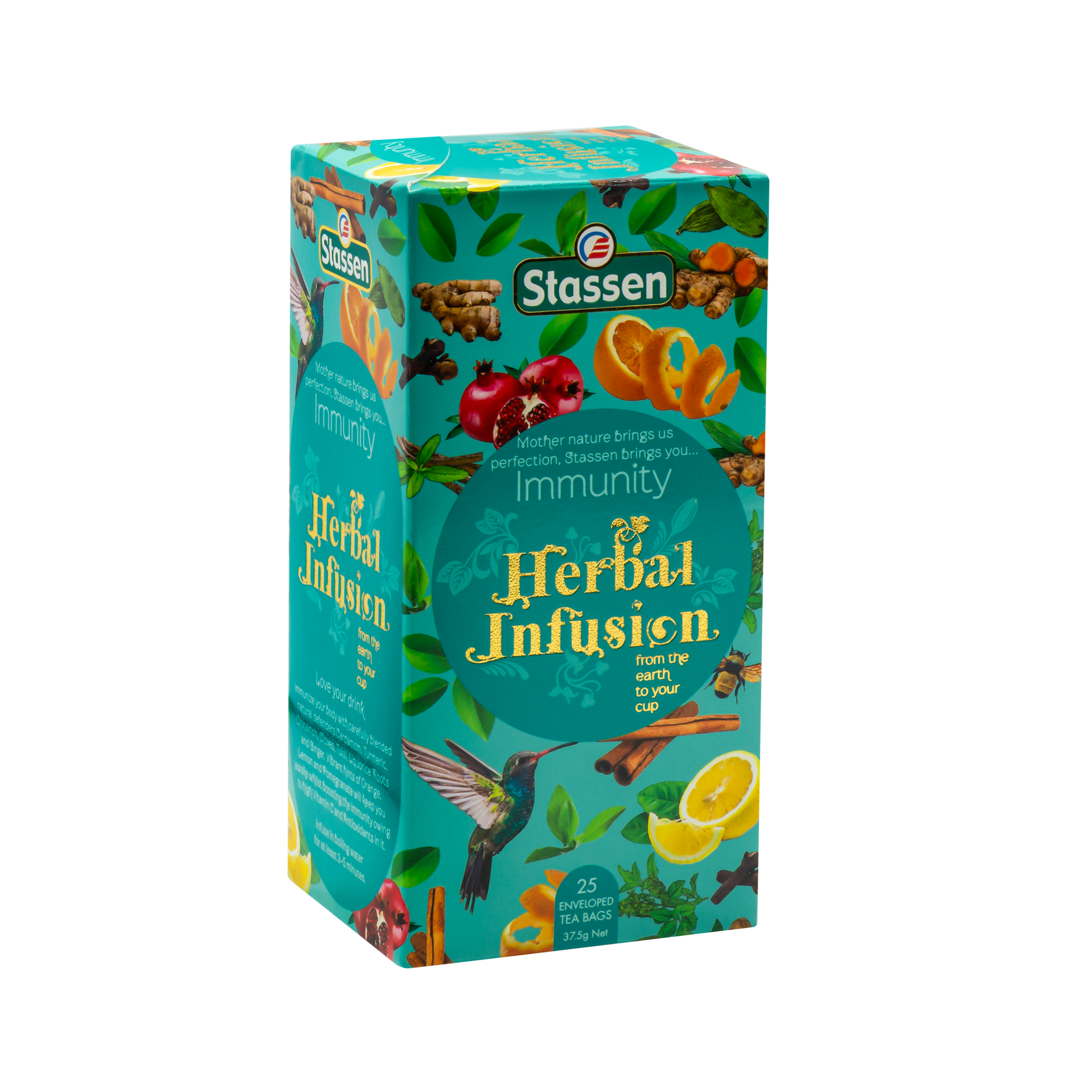 Prawy bok pudełka herbaty Immunity Stassen – ziołowa herbata wspierająca odporność w kopertach.