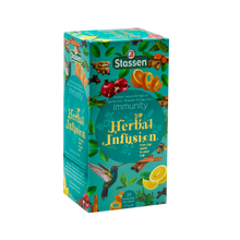 Prawy bok pudełka herbaty Immunity Stassen – ziołowa herbata wspierająca odporność w kopertach.